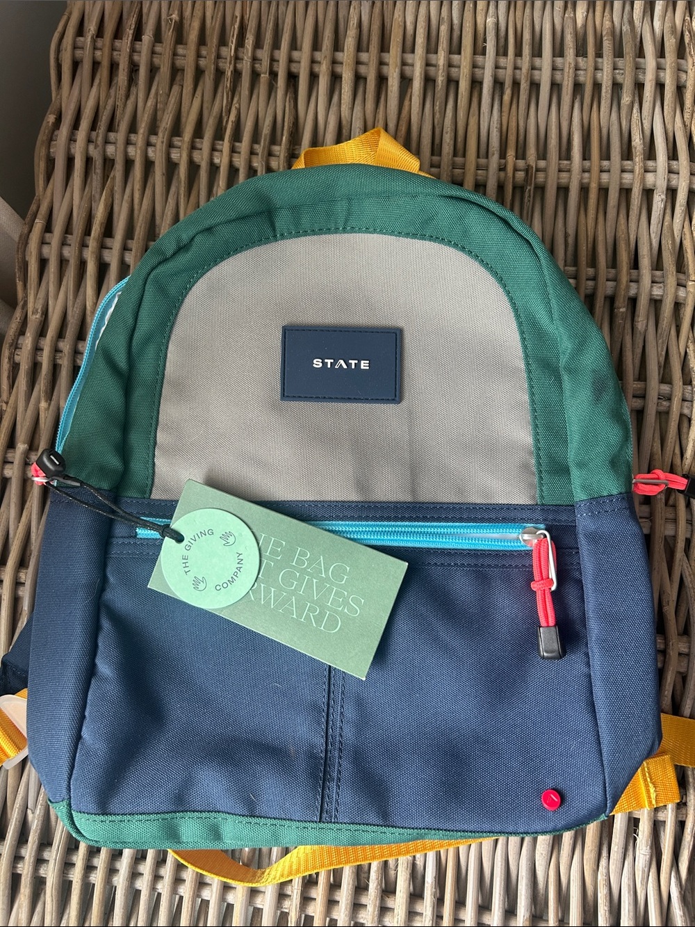 Mini STATE Colorblock Kids Backpack in Green/Navy/Cream with Yellow Accents